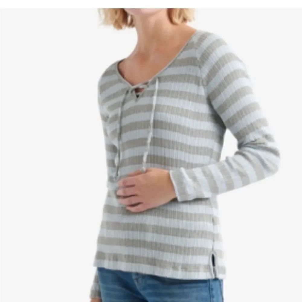 Lucky Brand Striped Lace Up Knit Top L Gray